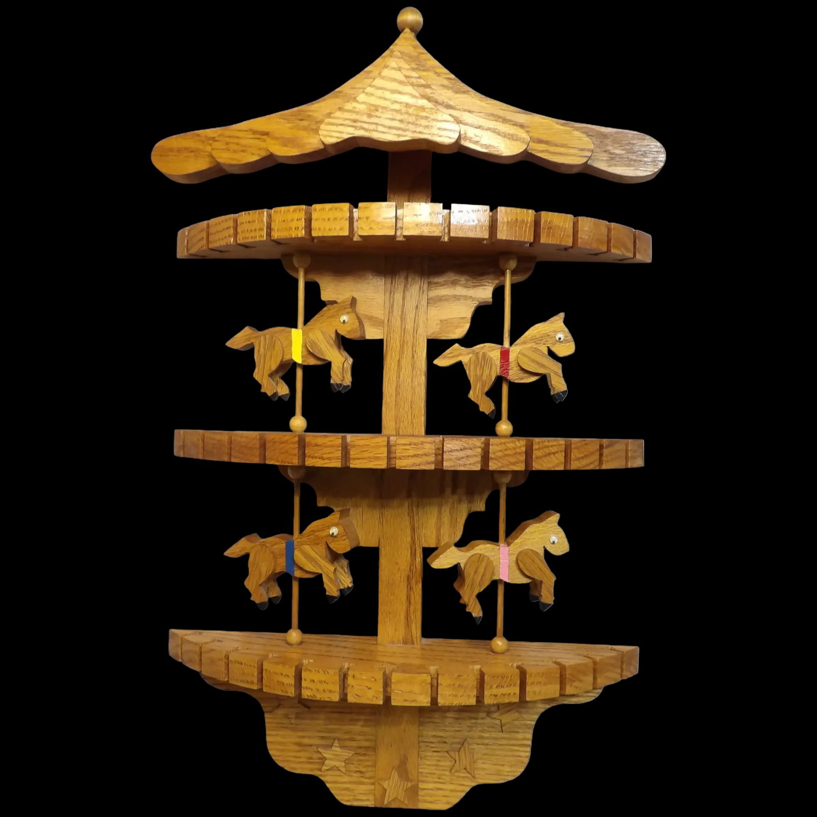 Oak Collector Spoon, Fork, Utensil Holder with Carousel Horses: This unique oak collector spoon, fork, and utensil holder features a charming design of carousel horses is in excellent condition. (The white pant specs will be removed before shipping.) The age of
