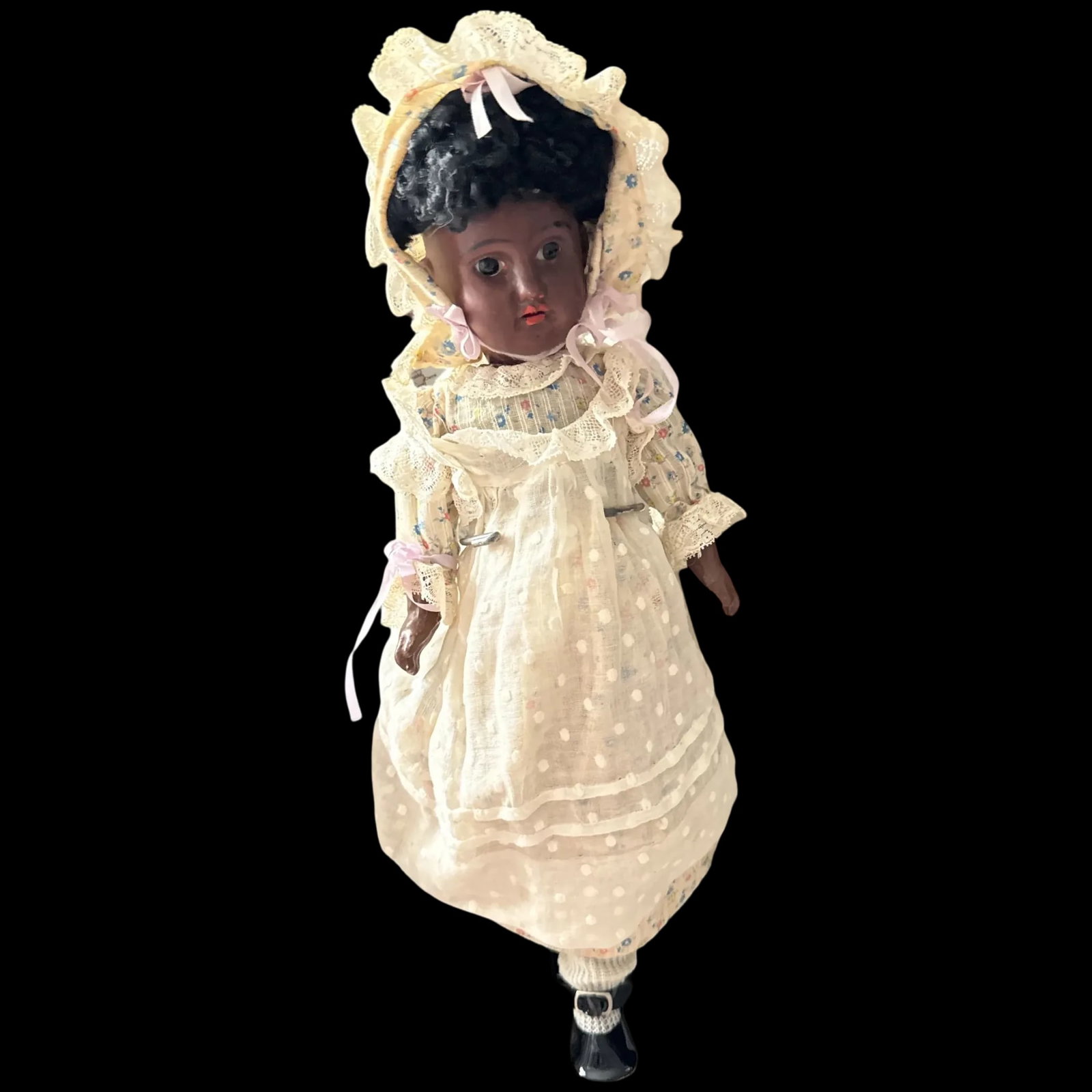Antique fleischmann & bloedel 13" black French doll: This Antique 13 inch tall doll, Rare African American Doll is a true treasure excellent condition with slant head and cork pate. was manufactured in Paris by Fleischman & Bloedel. According to my rese