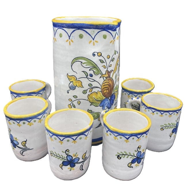 Beautiful Faience Pottery Pitcher Jug 6 Cups Signed Art Pottery (1 of 8)