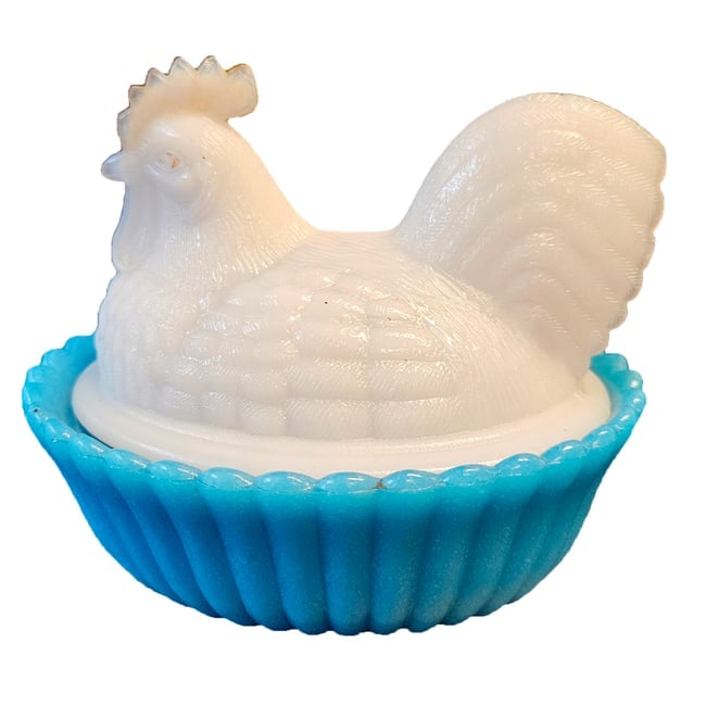 Westmoreland White Hen with Blue Slag Base Hen on Nest Circa early 20th-century (1 of 9)