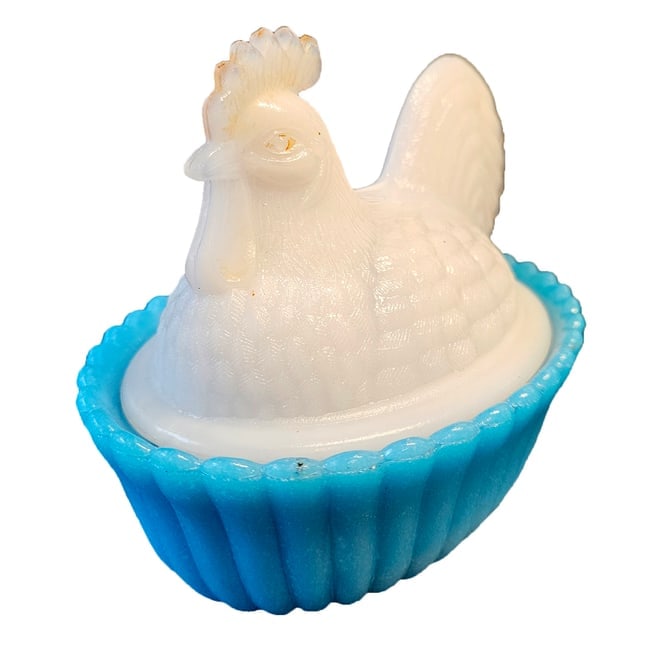 Westmoreland White Hen with Blue Slag Base Hen on Nest Circa early 20th-century - 2