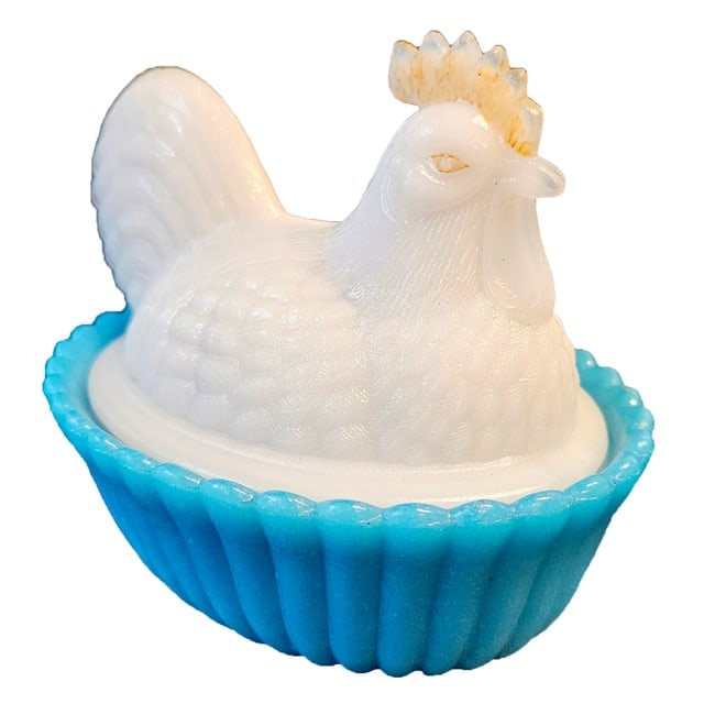 Westmoreland White Hen with Blue Slag Base Hen on Nest Circa early 20th-century - 3