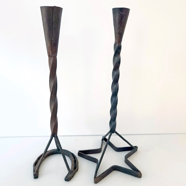 Vintage Wrought Iron Cattle Branding Candlesticks - 2