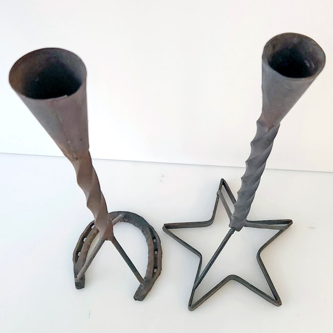 Vintage Wrought Iron Cattle Branding Candlesticks - 3