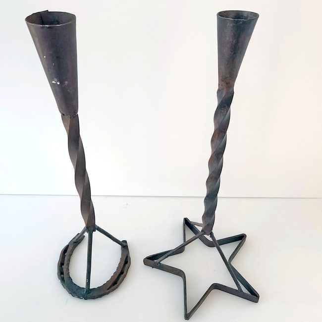 Vintage Wrought Iron Cattle Branding Candlesticks - 4