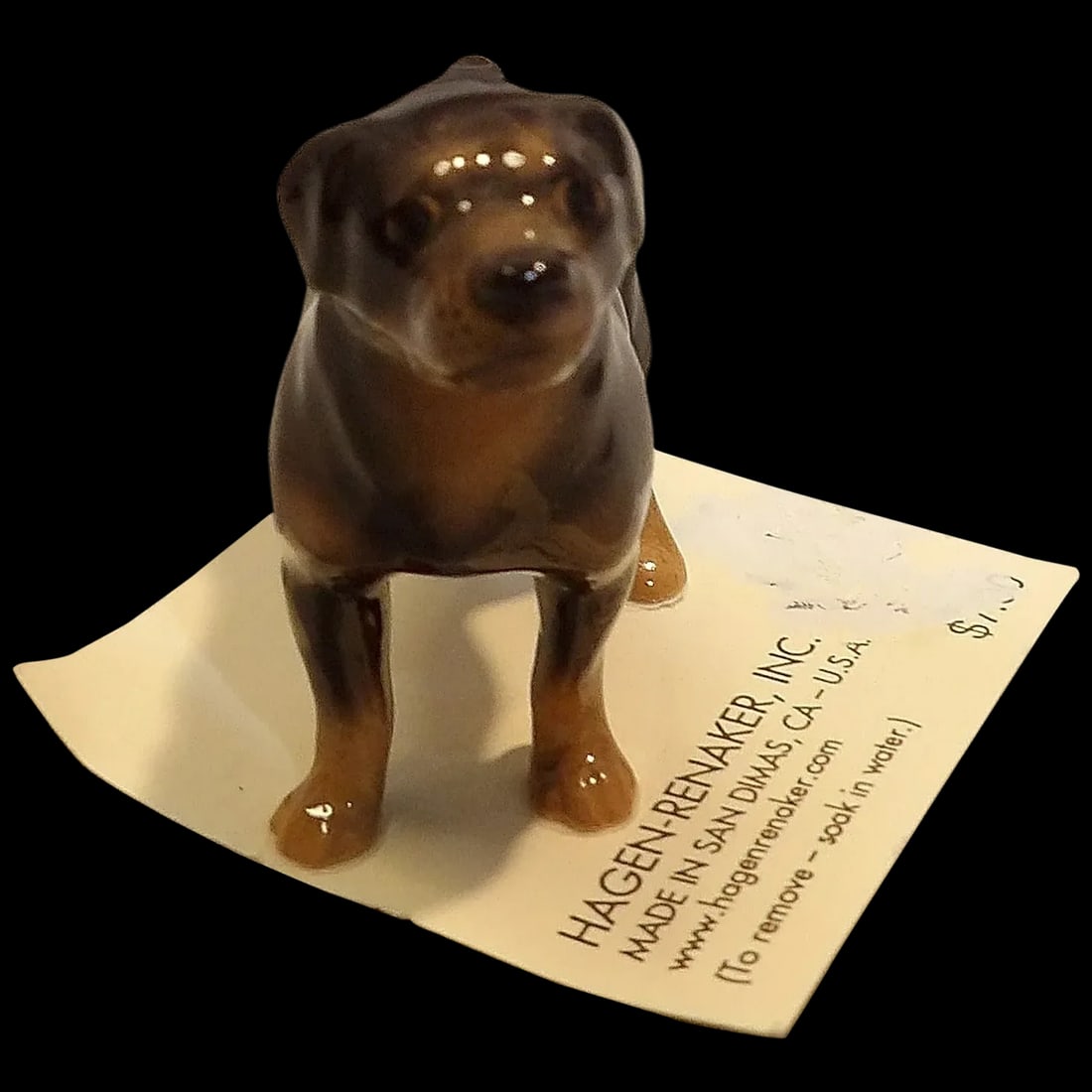 Vintage Rottweiler by Hagen Renaker Dog Figurine: This Vintage Rottweiler 2 1/4" length x 2" tallby Hagen Renaker Dog Figurine is in excellent condition. It comes on the original tag from the 1980's. Made by San Dimas Hagen Renaker studio in