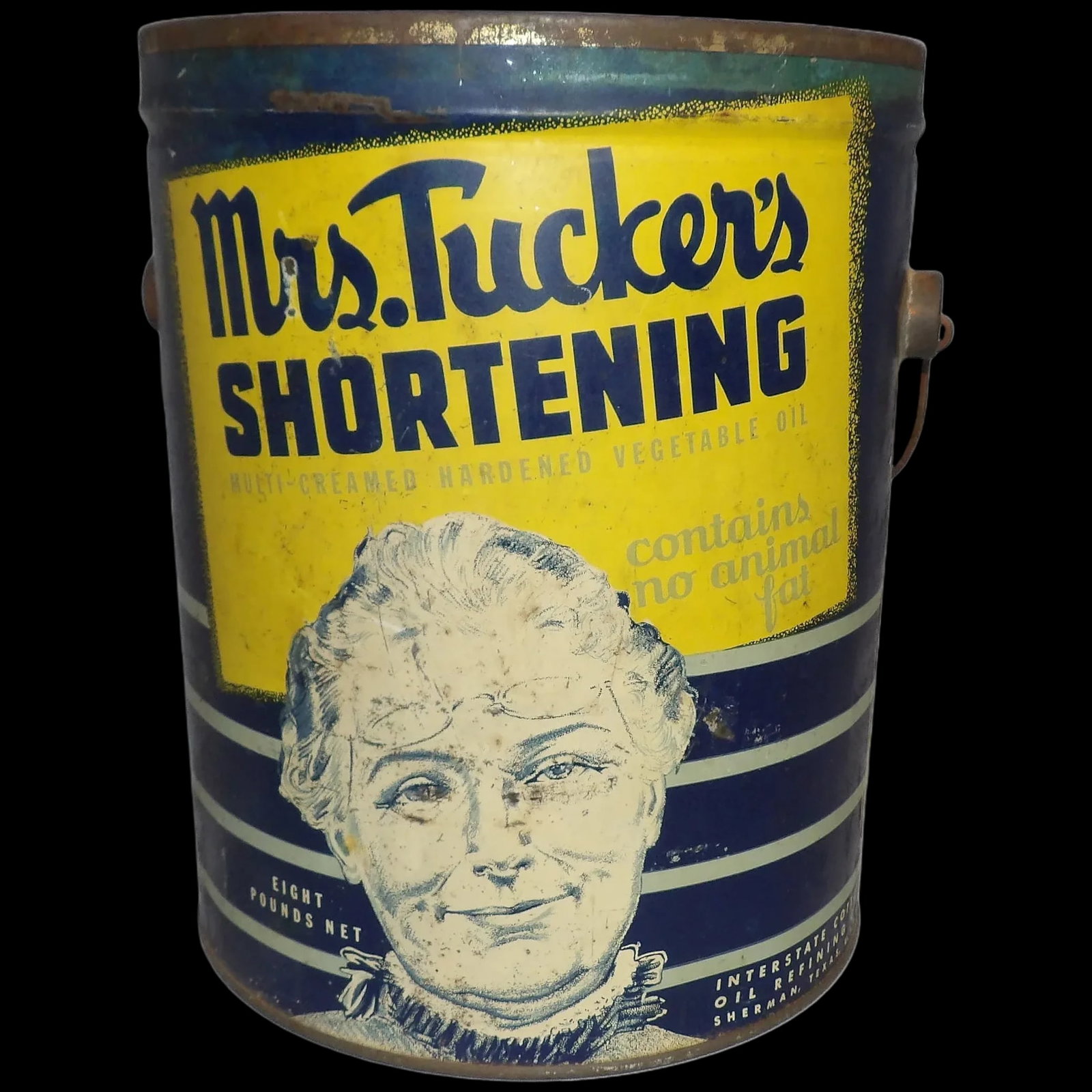 Rare Mrs. Tucker's 8 lb. Shortening 1930's Advertising Tin: This Rare Mrs. Tucker's Shortening 1930's Advertising Tin is not one you will see in every antique shop. Very popular graphic produced by Canco, the design was copyrighted in 1936 for the Interstate