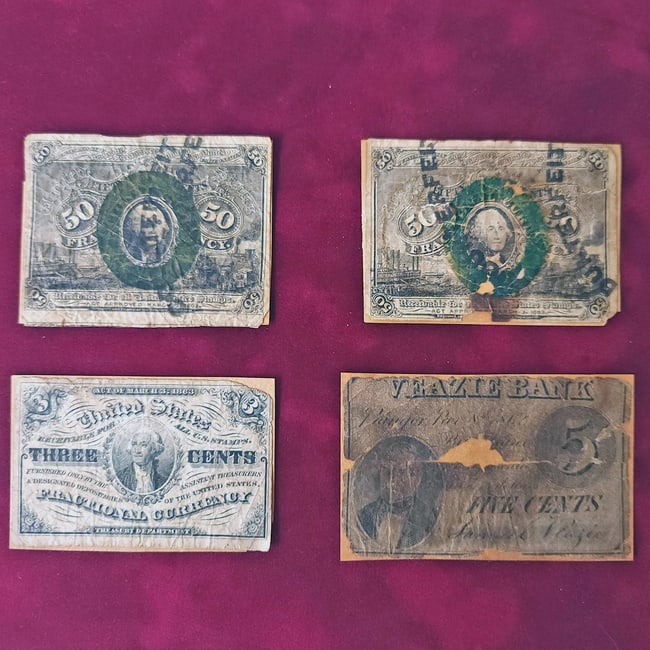 Fractional Currency 3 Cent, 5 Cent Veazie and 2 Counterfeit 50 Cent Circa 1863 (1 of 7)