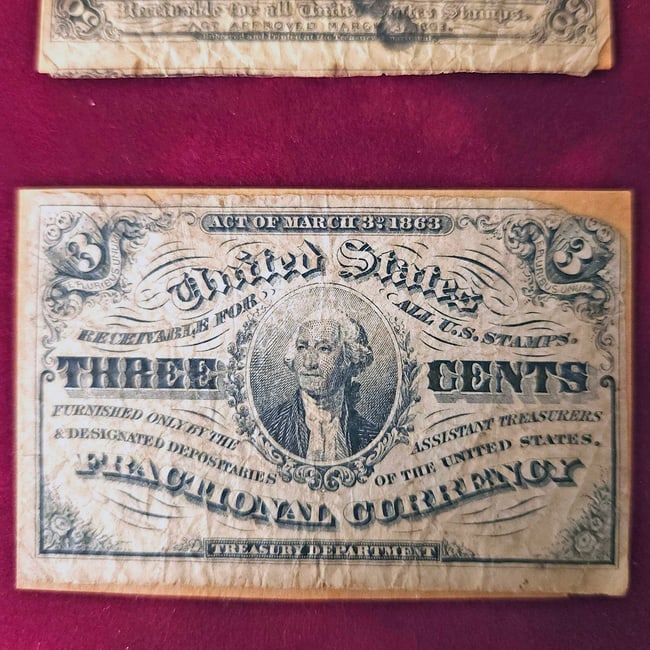 Fractional Currency 3 Cent, 5 Cent Veazie and 2 Counterfeit 50 Cent Circa 1863 - 4