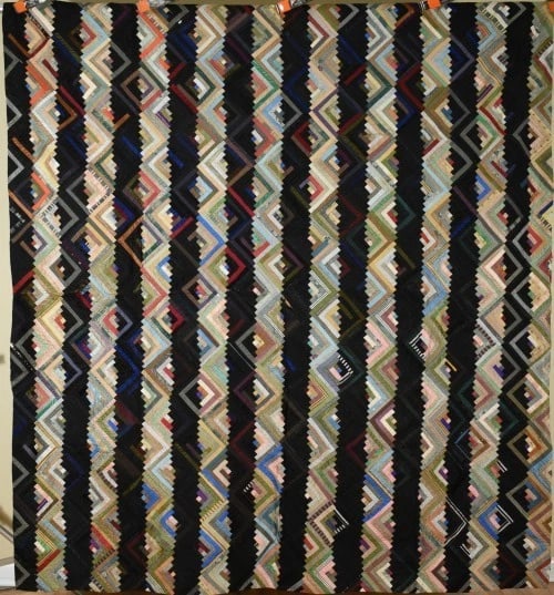 Graphic Straight Furrows Log Cabin Quilt: Title: Graphic Straight Furrows Log Cabin Quilt Date: 1910's Origin: Ohio Material: Cotton & Silk Dimensions: Shipping: Domestic: Flat-rate of $25.00 to anywhere within the contiguous U.S.