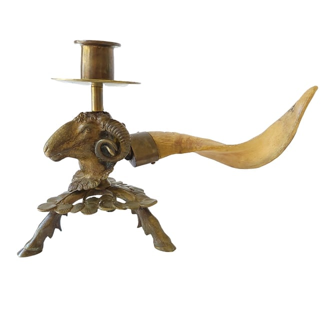 Brass Ram's Head and Horn/Antler Candle Holder - 3