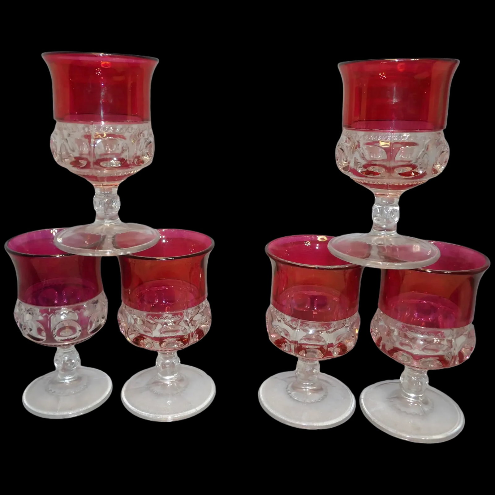 Tiffin Franciscan King's Crown Ruby Flash Stemware Water Glasses: This set of 6 Mid-Century Tiffin Franciscan King's Crown Ruby Flash Stemware Water Glasses are in very good condition. Made by Indiana Glass. Two glasses have some minor ware to flashing. The stand