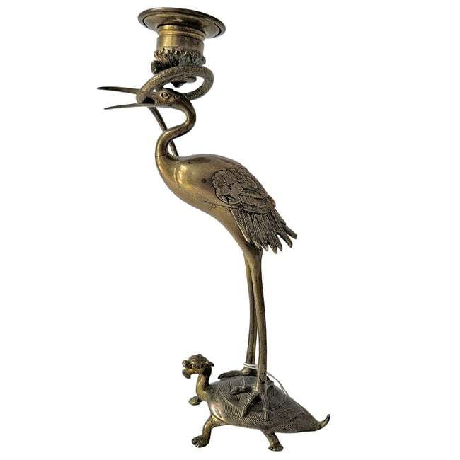 Brass Candle Holder with Heron Eating a Snake Standing on a Turtle Japan: Title: Brass Candle Holder with Heron Eating a Snake Standing on a Turtle Japan Description: Brass candle holder depicting a crane eating a snake while standing on a turtle (minogame) . Excellent cond