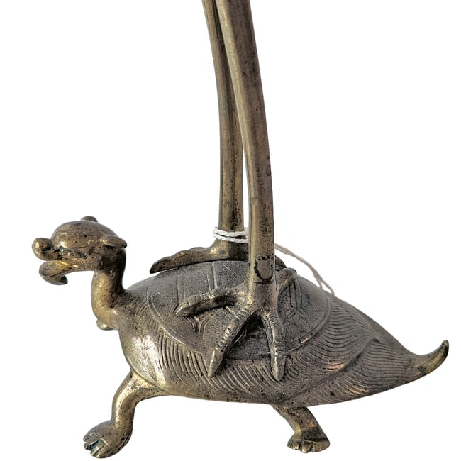 Brass Candle Holder with Heron Eating a Snake Standing on a Turtle Japan - 2