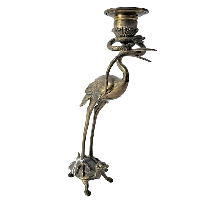 Brass Candle Holder with Heron Eating a Snake Standing on a Turtle Japan - 4