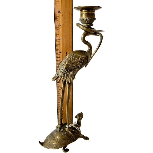 Brass Candle Holder with Heron Eating a Snake Standing on a Turtle Japan - 5
