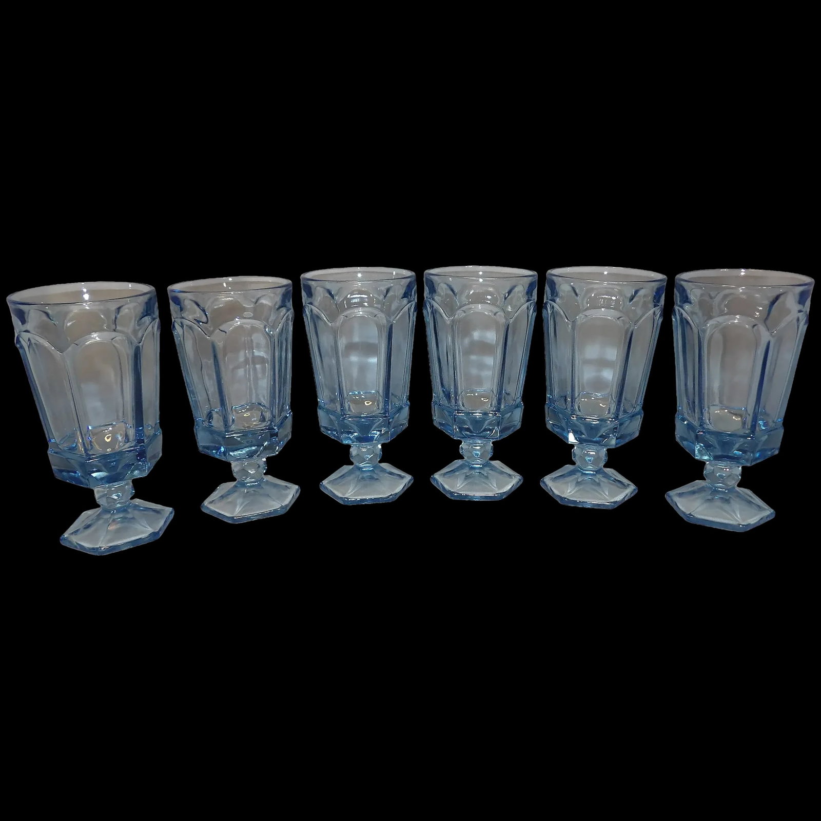 Fostoria Virginia Blue Iced Tea Glasses: This set of 6 Fostoria Virginia Blue Iced Tea Glasses are in excellent condition. NO chips, stains or imperfections (one does have a small scratch on it.) This is a discontinued pattern but one of the