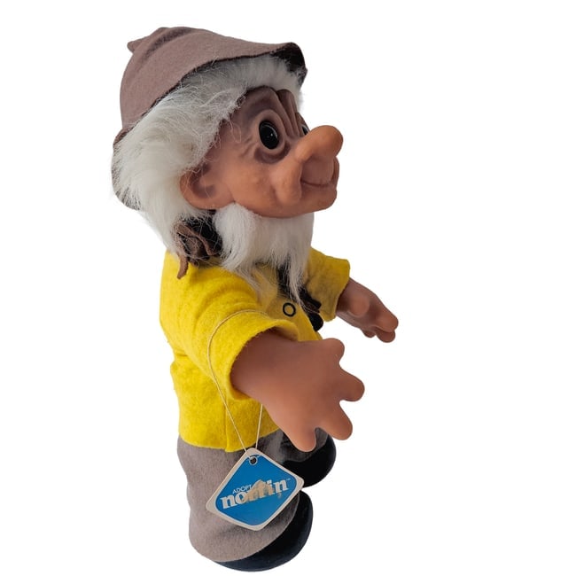 Original Grandpa Norfin Troll Dolls by Thomas Dam 1977 in Yellow and Brown Felt Clothing #7002 - 5