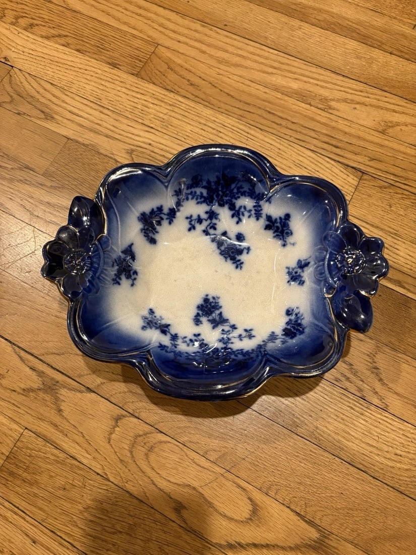 Floral Handled Labelle Flow Blue Bowl: It measures 12 1/8" x 9 3/4" x 2 5/8" high and is marked. It has a small, tight hairline (see the last two photos). Otherwise it has no other issues. The floral handles are uncommon form in labelle