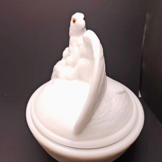 Westmoreland Milk Glass Eagle on a Nest with Amber Eyes & Basket Weave Base - 3