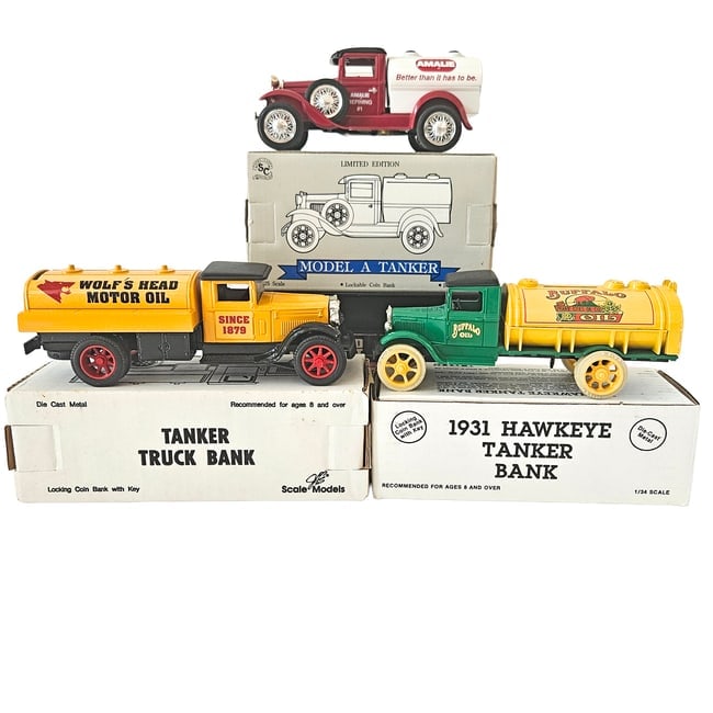 Set of 3 Diecast Metal Oil Company Trucks Coin Banks - 4