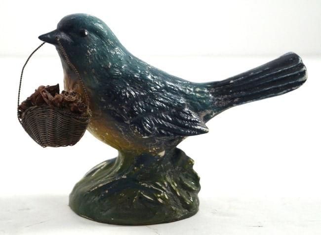 Vintage Blue Bird w/ Basket Chalk Figurine: Title: Vintage Blue Bird w/ Basket Chalk Figurine Additional Information: Lovely Vintage German chalk-ware bird holding an exceptionally detailed hand woven wire basket filled with well preserved