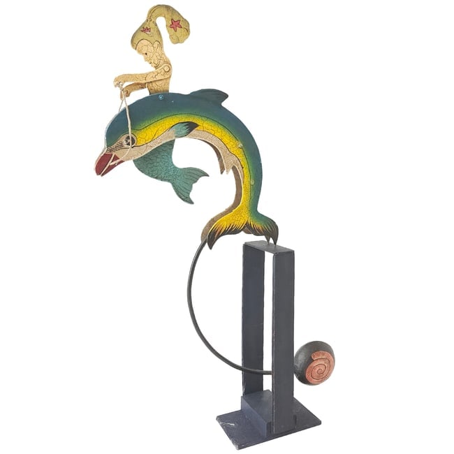 Mermaid & Dolphin Sky Hook Balance Pendulum Toy: Title: Mermaid & Dolphin Sky Hook Balance Pendulum Toy Description: This is a hand-painted reproduction of balancing toys popular in the 18th and 19th-century. It is made of heavy tin metal on a wood