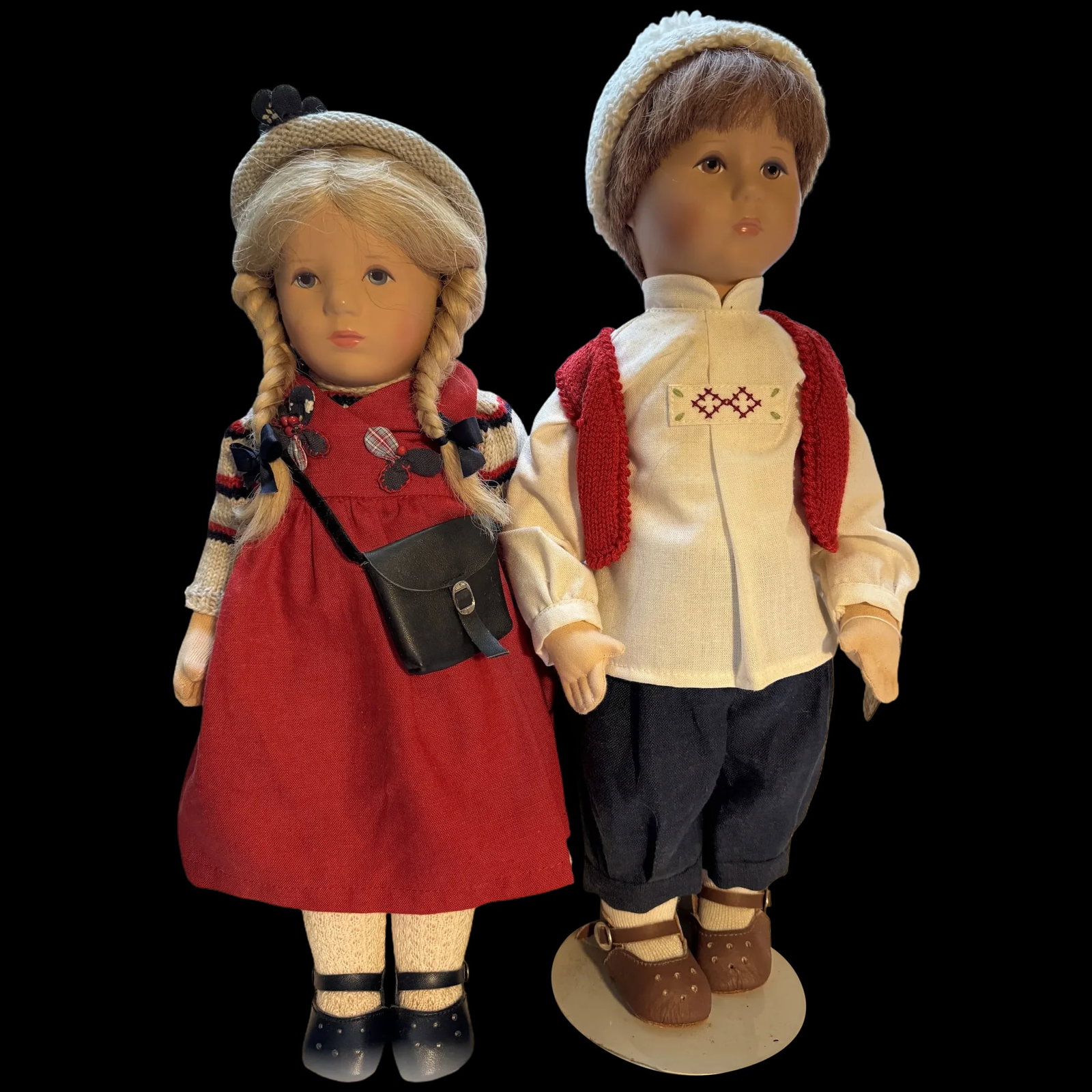 Vintage Katie Kruse Boy Girl Pair original clothing 14/15" signed feet: Handcrafted and artistic: Kathe Kruse began making dolls for her children as a soft, more natural-looking alternative to the porcelain dolls of the time. Her dolls are famous for their child-like and 
