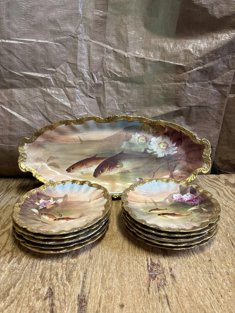 11 Pc Limoges Artist Signed Fish Set (1 of 18)