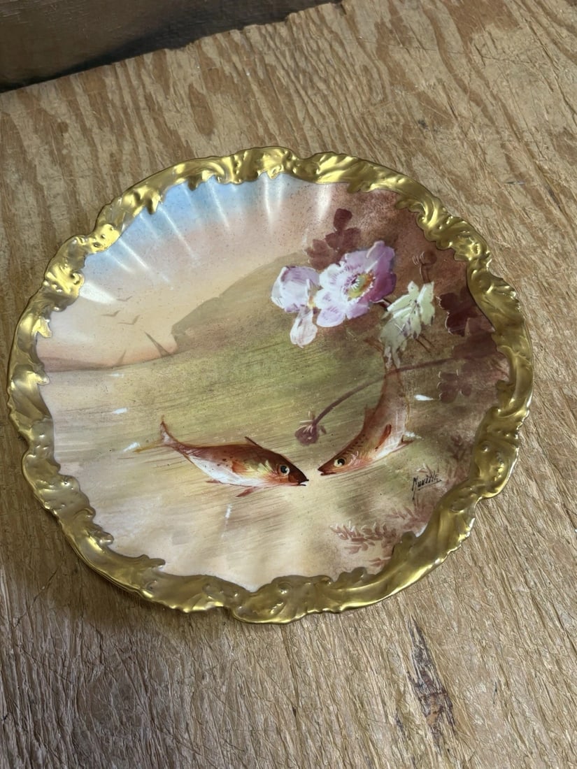 11 Pc Limoges Artist Signed Fish Set - 9