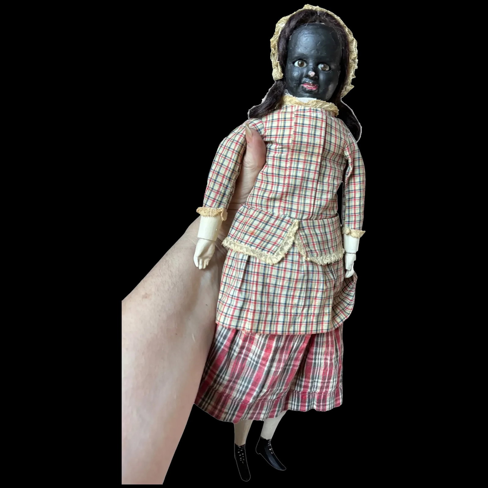 Fritz Bartenstein Two Face Antique primitive Wax Doll: Fritz Bartenstein Two Face Antique primitive Wax Doll has 2 strings to pull one for white face one for the black face.This very rare antique, manufactured, two-face WAX doll with composition, molded s