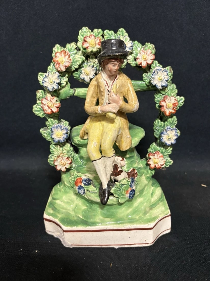 Staffordshire Bocage Piping Shepherd Figure: It measures 6 1/2" x 4 1/4" x 2 7/8" and dates around 1870. It has no chips, cracks or repairs Shipping: Domestic: Flat-rate of $15.00 to anywhere within the contiguous U.S. International: Foreign