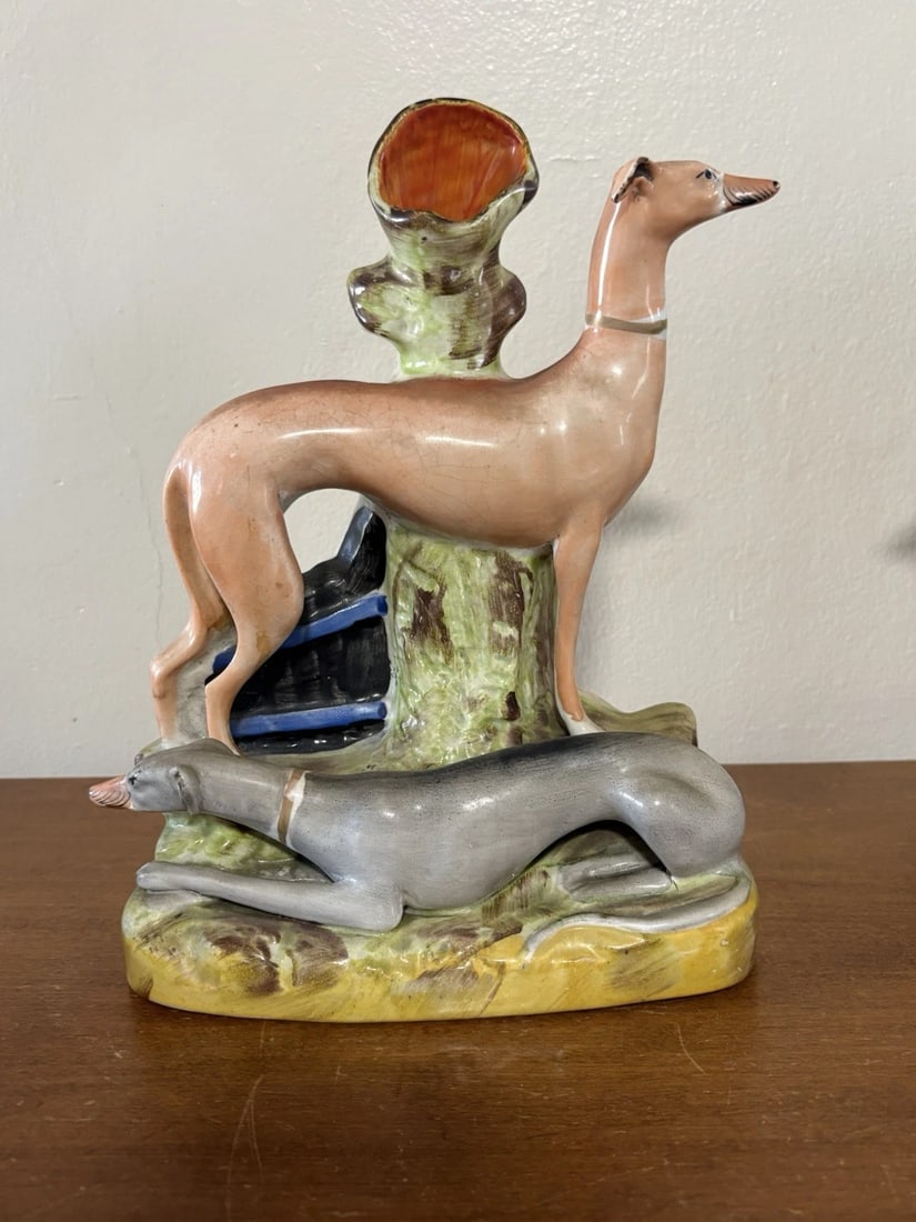 Rare Staffordshire Whippets Spill Vase: It measures 10 3/4" high x 9" x 2 1/2" and dates around the 1880's. It has no chips, cracks or repairs. It is a rare form in staffordshire spill vases Shipping: Domestic: Flat-rate of $20.00 to
