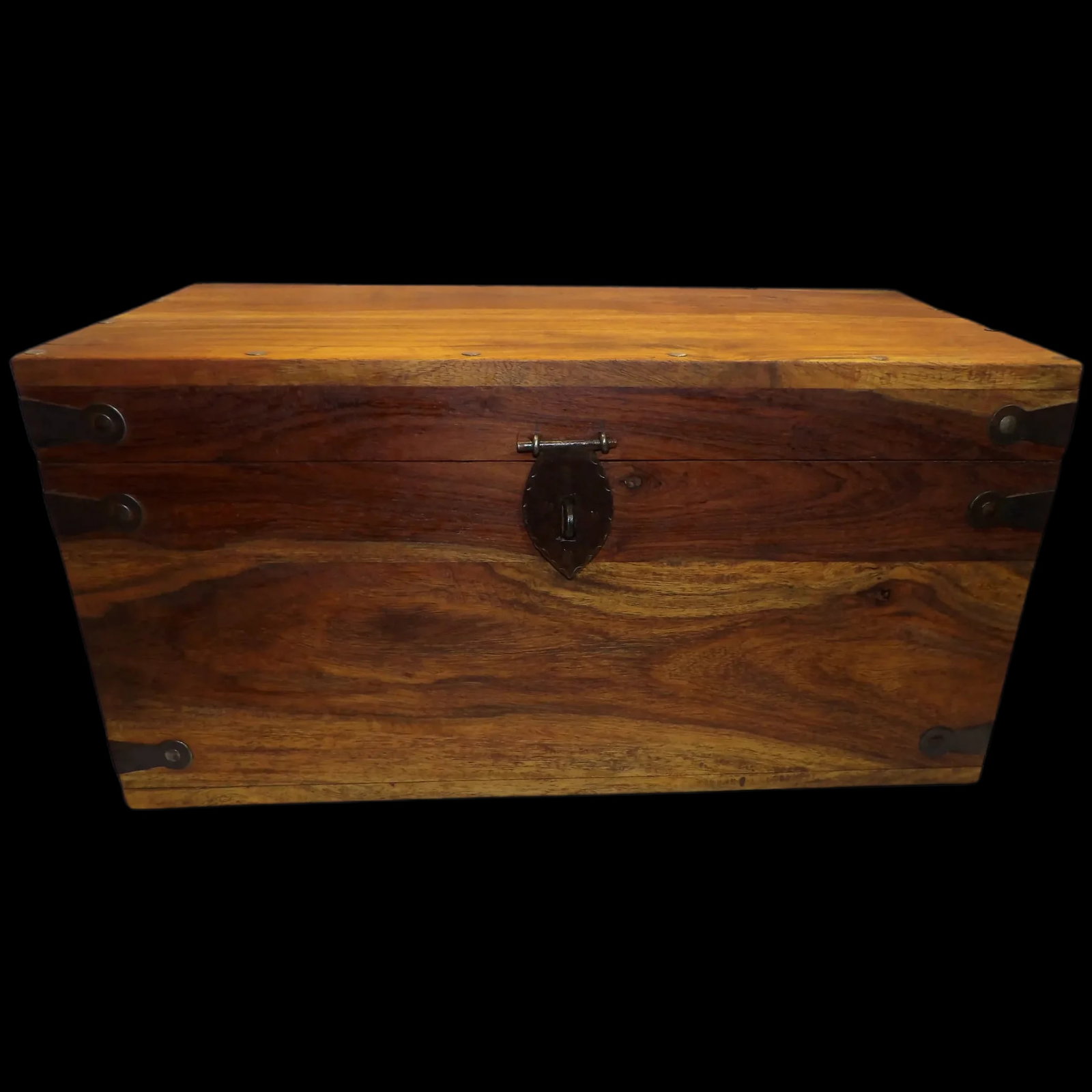Wooden Storage Chest- Cast Iron Hardware: This Wooden Storage Chest with Cast Iron Hardware is in excellent condition. No chipped wood or missing hardware. Construction is still tight with no lose boards. It measures 19 5/8" x 9 5/8" x 10".