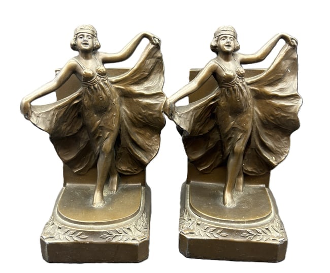 Antique 1920's Loie Fuller Bronze Art Deco "Serpentine Dance" Girls Bookends: Date/Period: Approx. 1920's Dimension: Approx. 7" x 4" x 3.5" Material: bronze over a silver metal they are quite heavy Additional Information: Antique 1920's Loie Fuller Bronze Art Deco "Serpentine