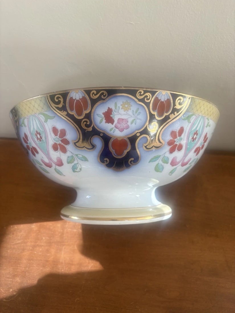 Flow Blue Polychrome Punch Bowl - 2