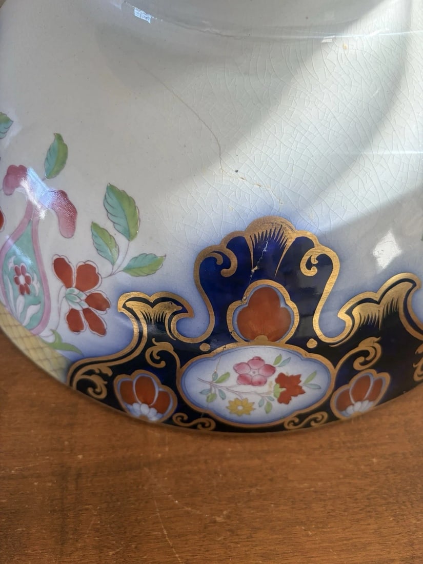 Flow Blue Polychrome Punch Bowl - 4