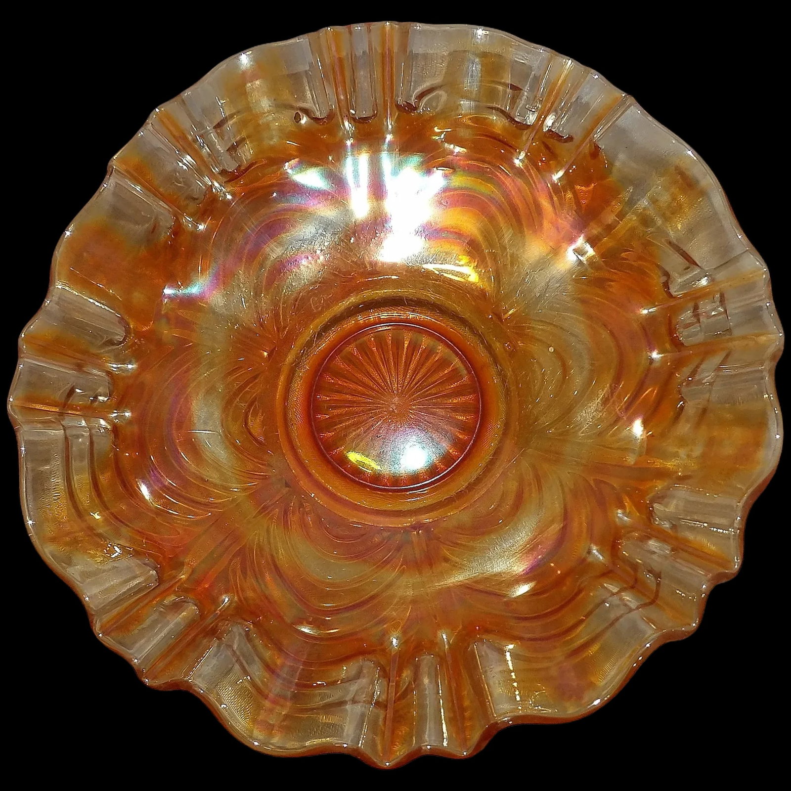 Fenton Marigold Carnival Glass 3-1 Pie Crust Edge Bowl: This Fenton Marigold Carnival Glass 3-1 Pie Crust Edge Bowl is in very good condition. It does have utensil marks but they do not distract from the overall beauty of the item. It measures 8 3/4" x 2