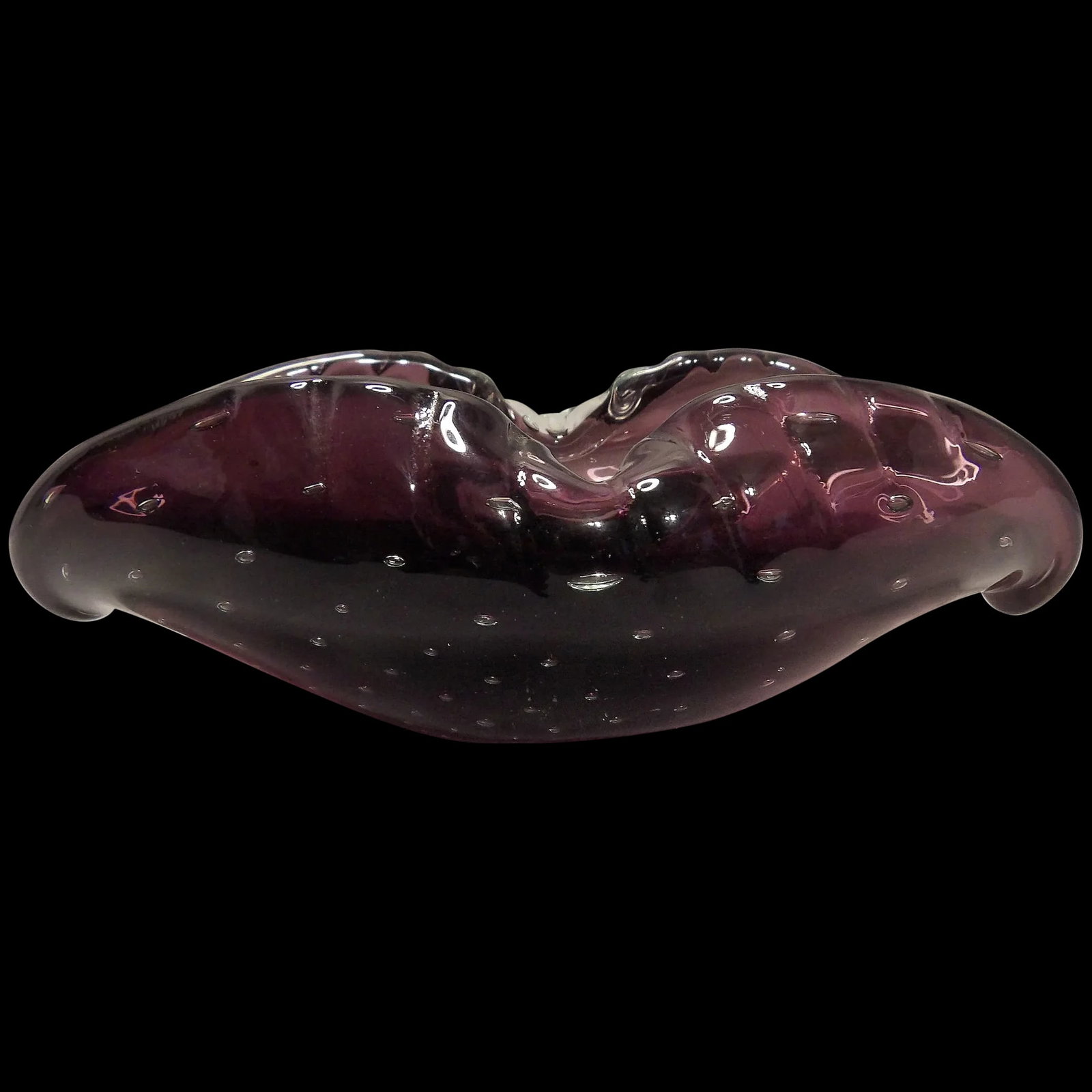 Murano Mid Century Deep Purple Art Glass Controlled Bubble Cigar Ashtray (1 of 9)