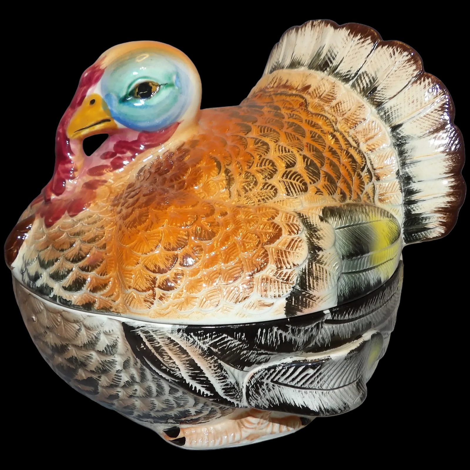 Vintage LARGE Lidded Hand-Painted Ceramic Turkey Covered Serving Dish with Handles- Japan (1 of 8)