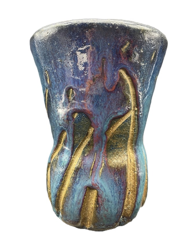 5.5" Abstract Blue Art Pottery Vase Hand Thrown Marked "F" (1 of 8)