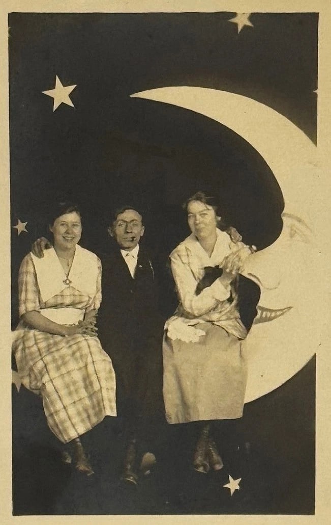 RPPC Real Photo Paper Moon Postcard 2 Women Man w Cigar Circa 1900 - 1909 (1 of 3)