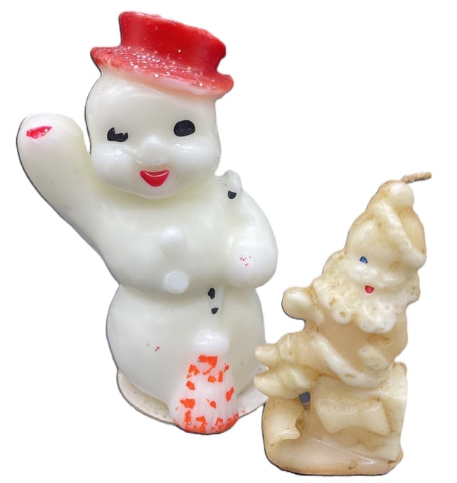 2 Vintage Gurley Christmas Candles Snowman and Santa Claus: Date/Period: approx 1950-60's Dimension: 5" & 3" Material: wax Additional Information: Vintage Christmas Candles Shipping: Domestic: Flat-rate of $7.00 to anywhere within the contiguous U.S.
