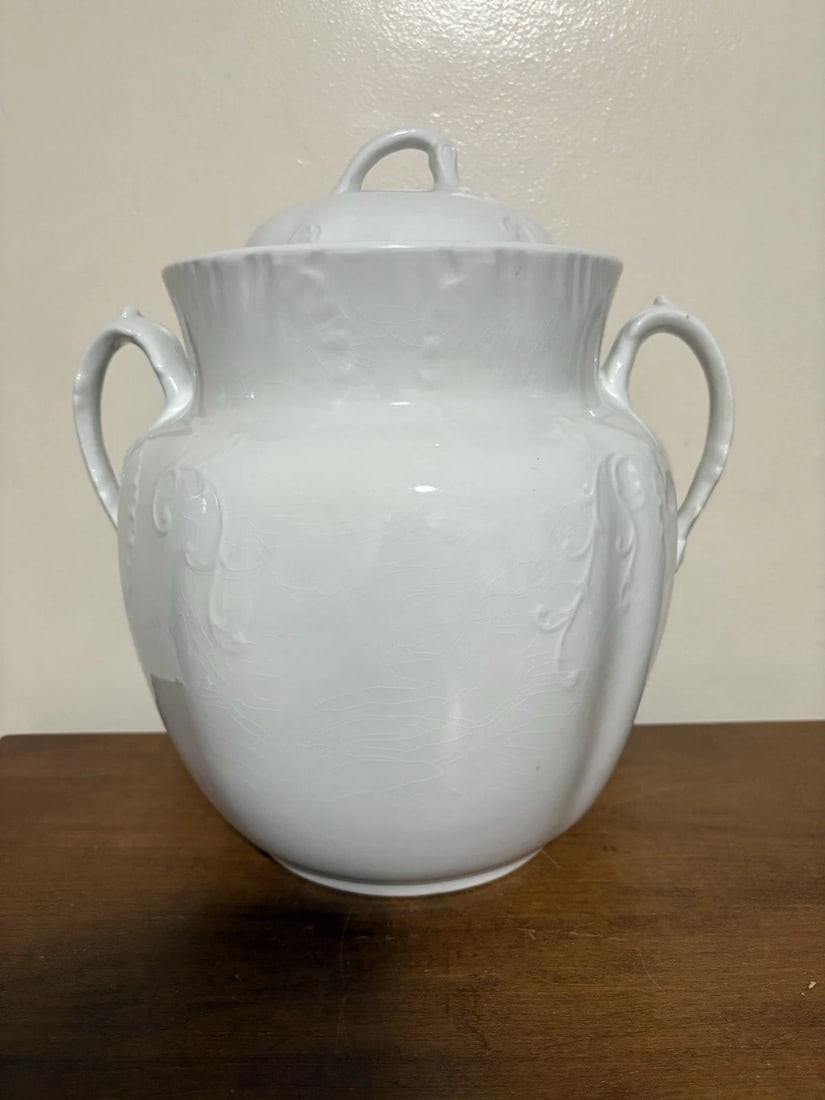 Antique Ironstone Slop Pot: It measures 13 1/8" high x 12 1/4" and is marked. It has two tiny flakes on the tim were the lid sits, 3/4" hairline on the top rim and a chip on the top rim. Otherwise it has no other issues. Slop