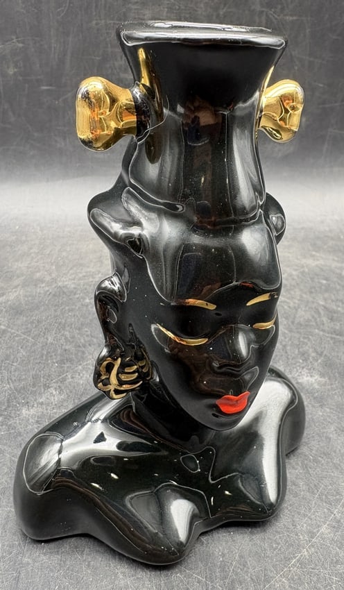 MCM Blackamoor Head Vase: Date/Period: 1950's -60's Dimension: 6" tall x 4.25" x 2.25" Material: ceramic Additional Information: MCM Nubian / Blackamoor / African Queen Head vase with Gold accents Shipping: Domestic: