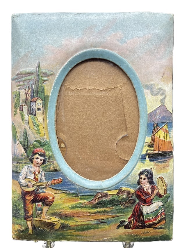 1890's CD KENNY CO. ADVERTISEMENT EMBOSSED HAND PAINTED GERMAN BOY/GIRL SCENE FRAME: Date/Period: approx 1890's Dimension: Aoorox 6 x 4.5 w x .5 d Material: thick paperstock Additional Information: Has glass insert . CD Kenny Co. Advertisement Embossed Hand Painted German Boy/Girl
