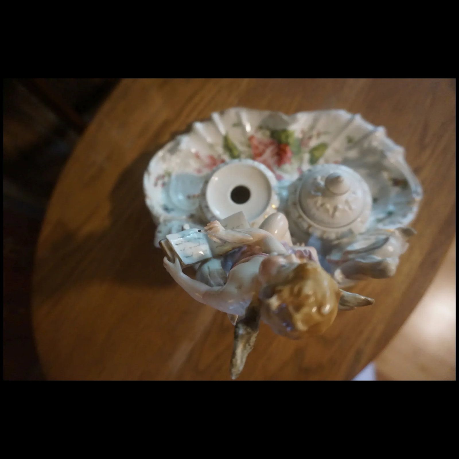 Antique signed German Porcelain double Inkwell cupid writing Love Note - 2
