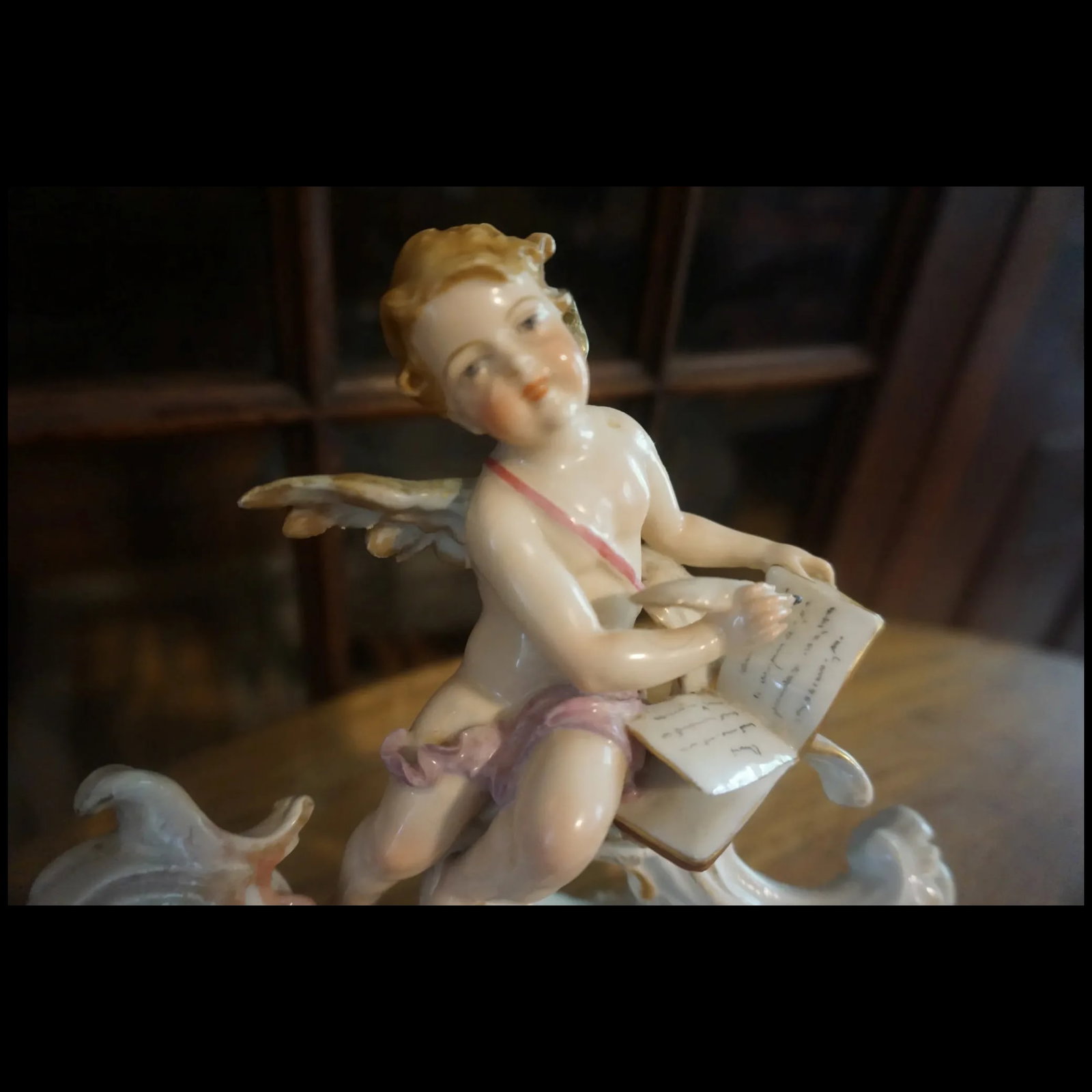 Antique signed German Porcelain double Inkwell cupid writing Love Note - 3