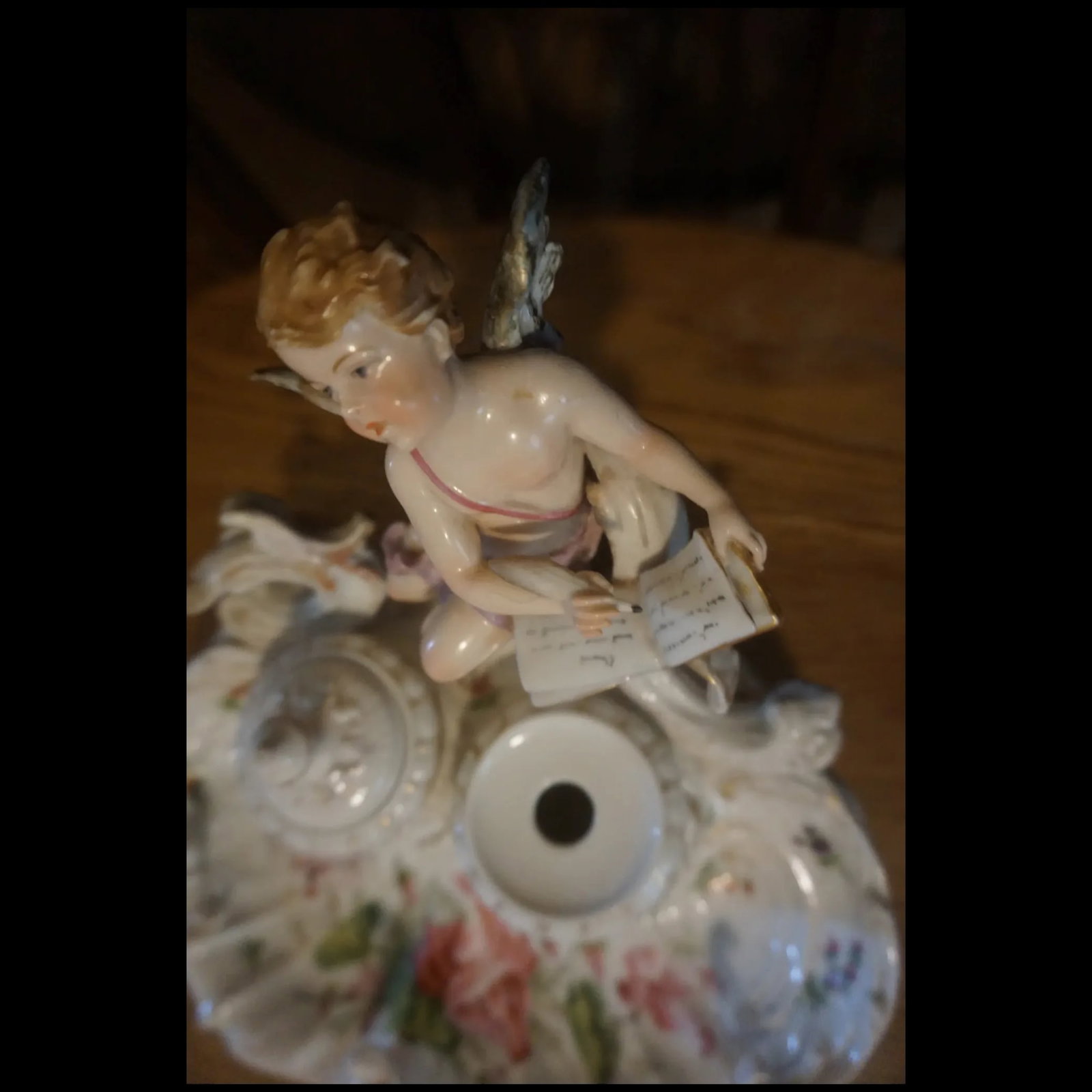 Antique signed German Porcelain double Inkwell cupid writing Love Note - 6