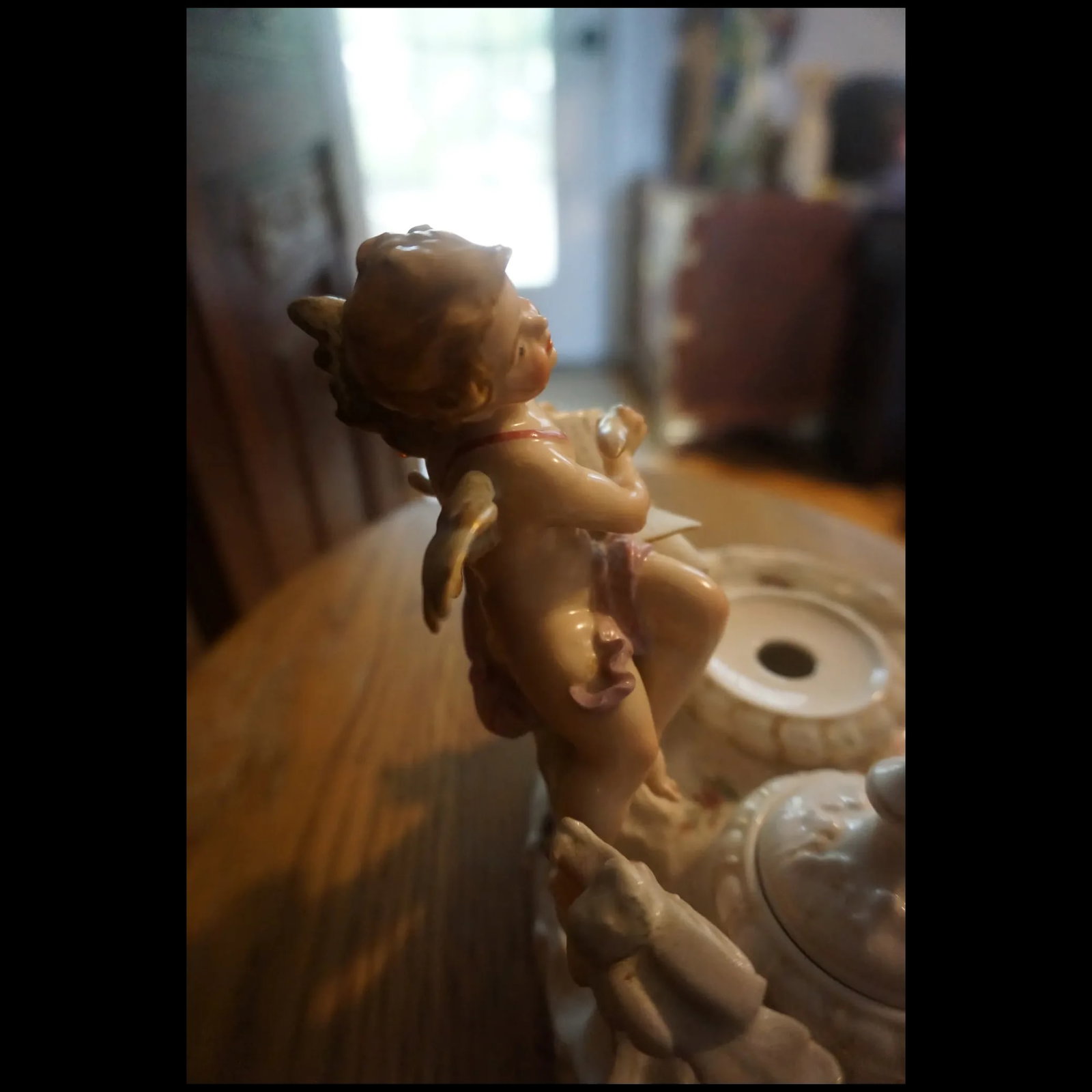 Antique signed German Porcelain double Inkwell cupid writing Love Note - 7